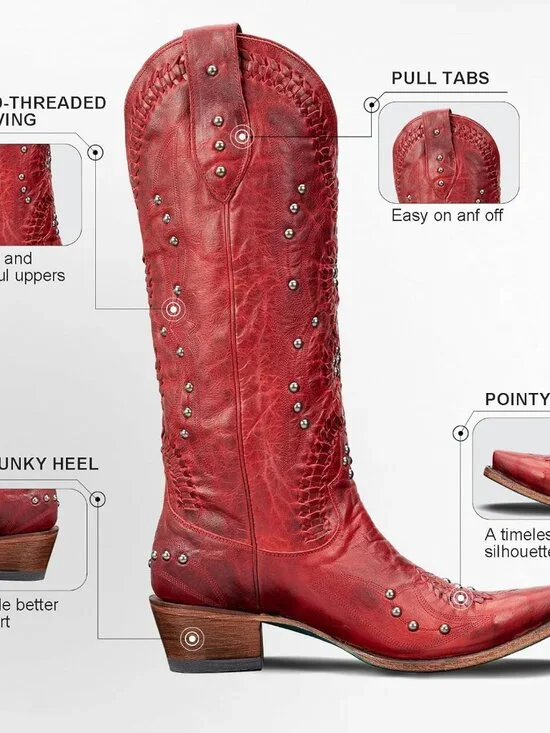 Women's Red Leather Pointed Toe Chunky Heel Pull on Zipper Cowboy Boot - Picture 5 of 6